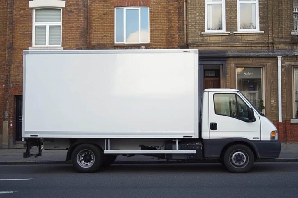 A white house removals truck parked in a residential street