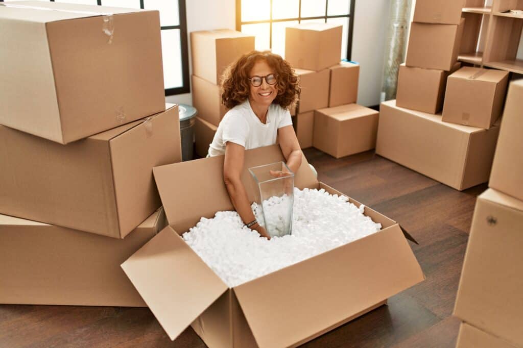A woman surrounded by moving boxes is placing a glass into a box full of packing peanuts in the concept of 'What to Do with Packing Materials After Moving House to Slough'.