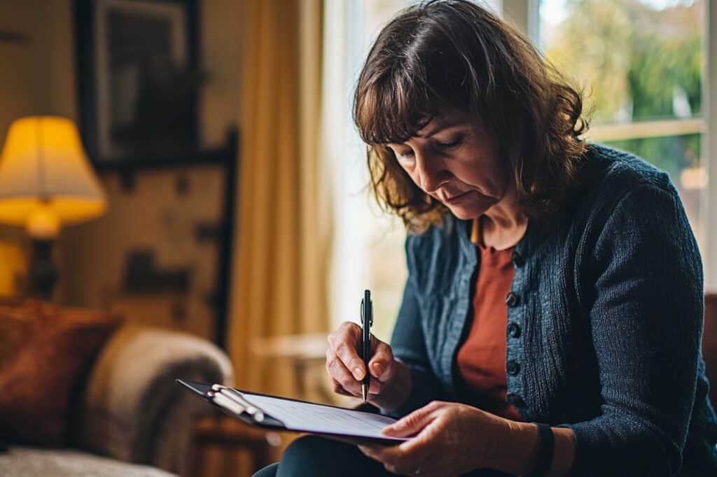 A middle-aged woman holding a clipboard and pen while in the living room in the concept of 'How to Create a Moving Checklist'.