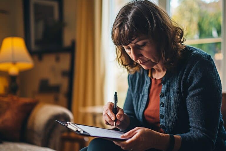 A middle-aged woman holding a clipboard and pen while in the living room in the concept of 'How to Create a Moving Checklist'.